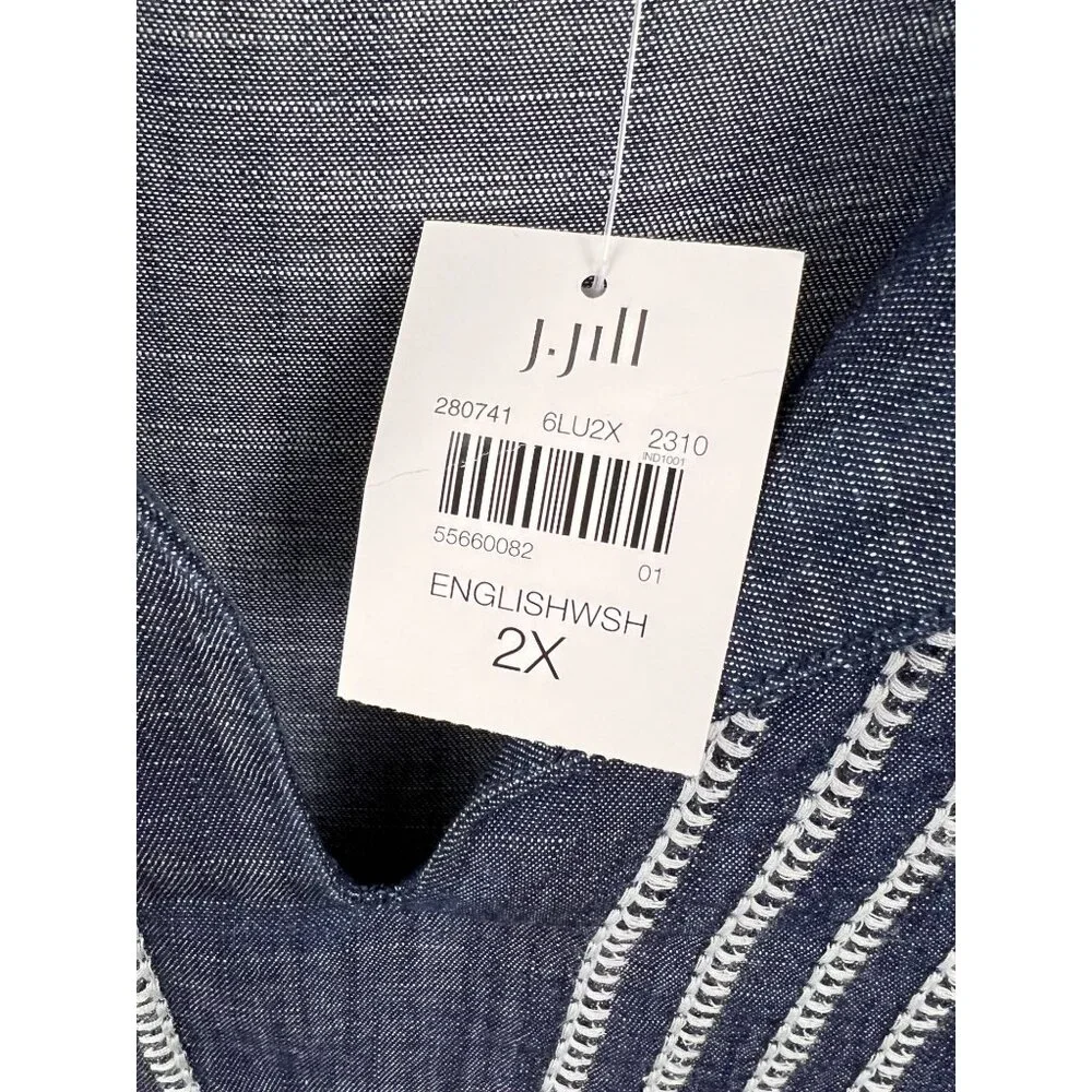 J. Jill Pure Jill Indigo 2X  Whipstitched Embroidered Dress Chambray Tencel Blue - Picture 4 of 11